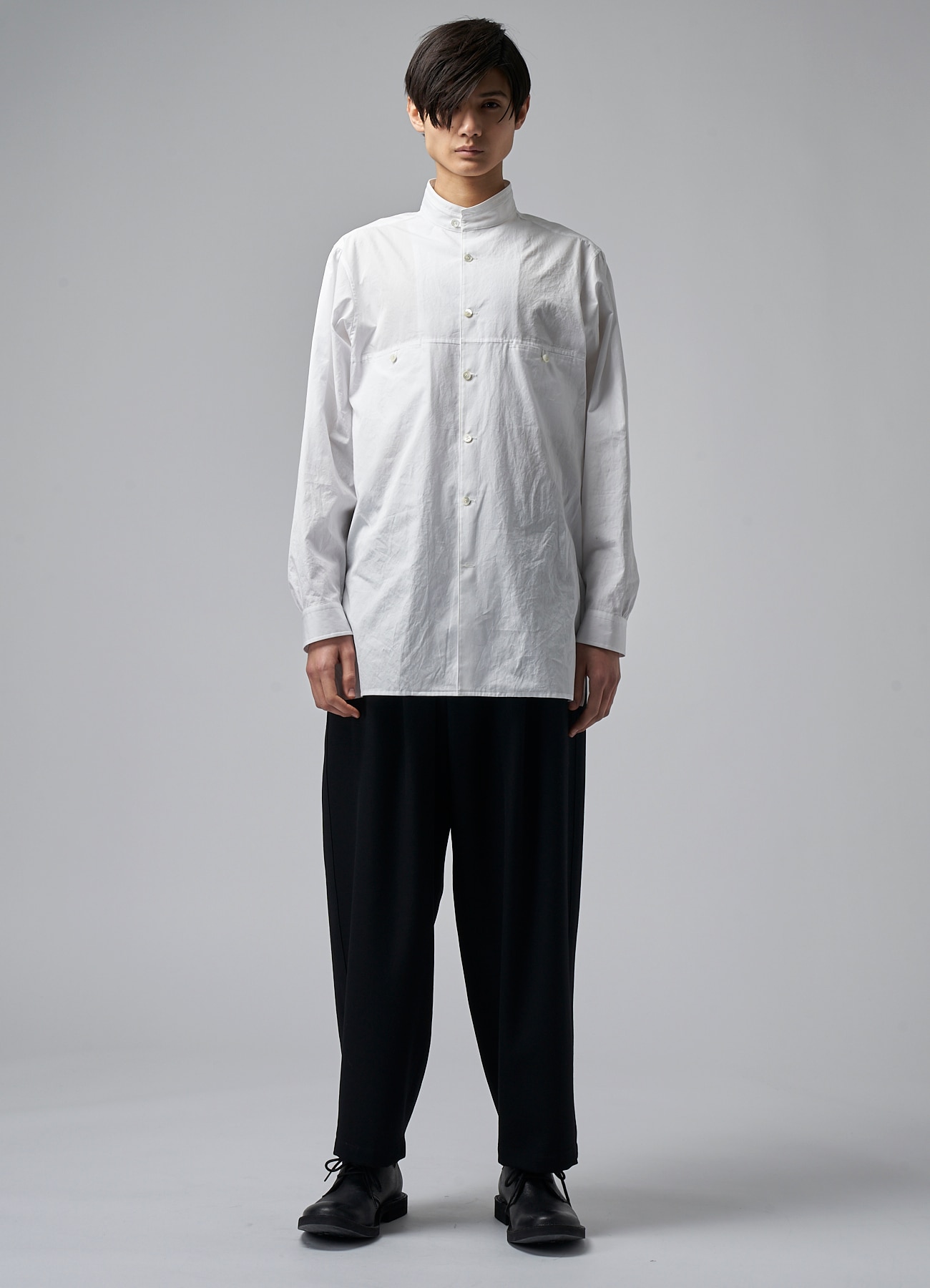 COTTON BROADCLOTH SHIRT WITH STAND-UP COLLAR(S WHITE): Y's for men
