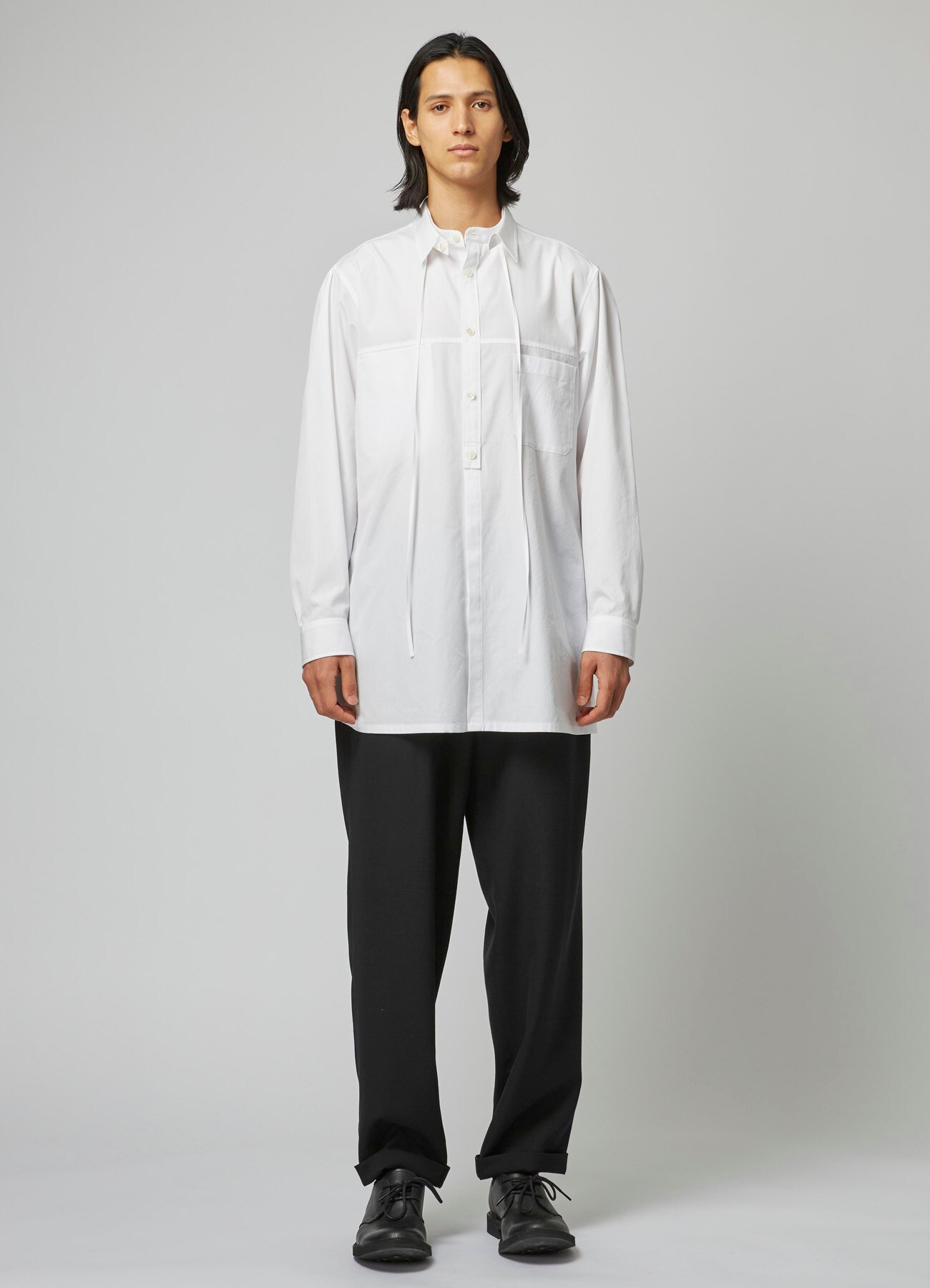 COTTON BROADCLOTH PANEL SHIRT WITH COLLAR CORD DETAIL