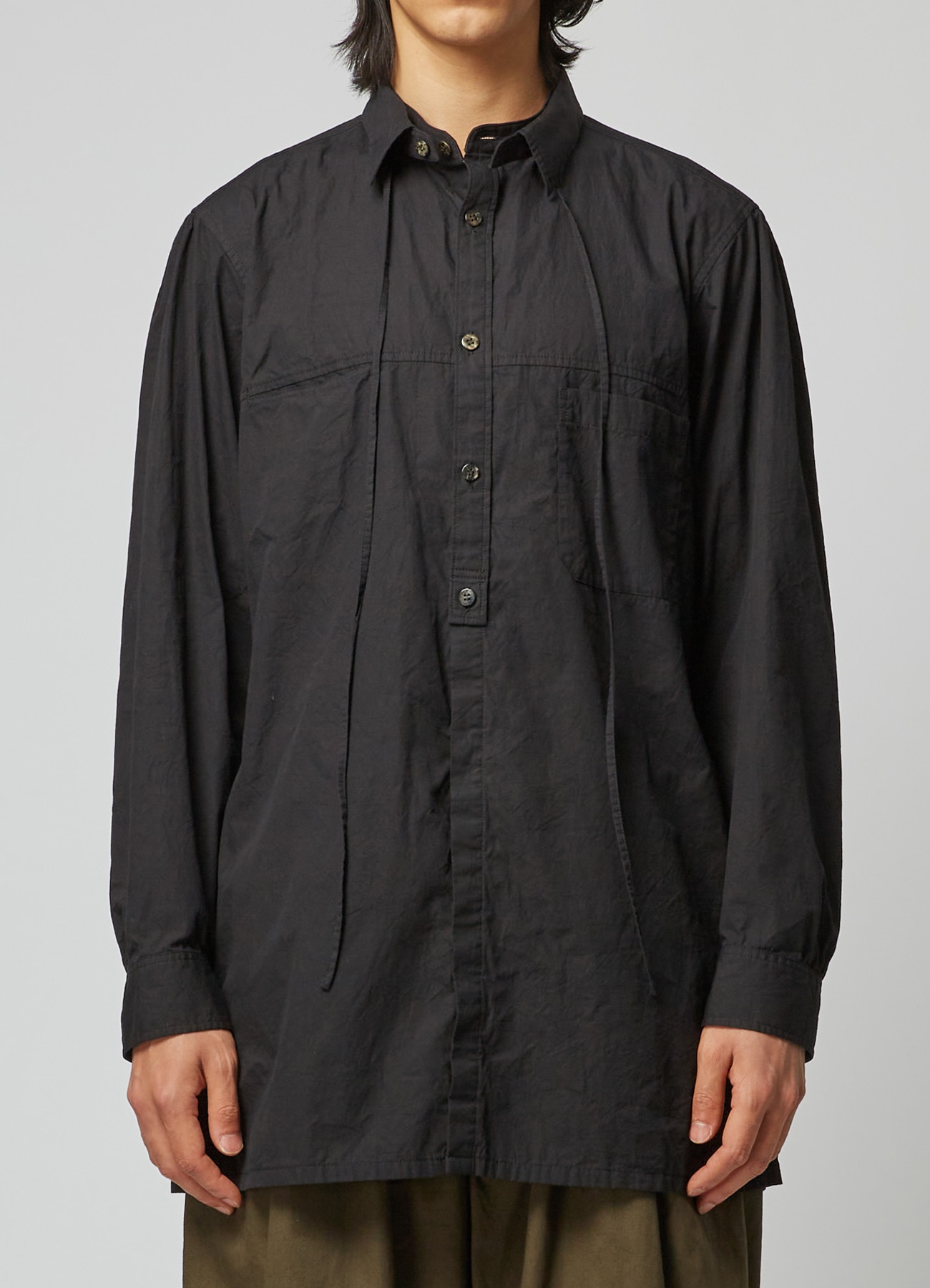 WRINKLED COTTON BROADCLOTH SHIRT WITH COLLAR CORD DETAIL(S BLACK 