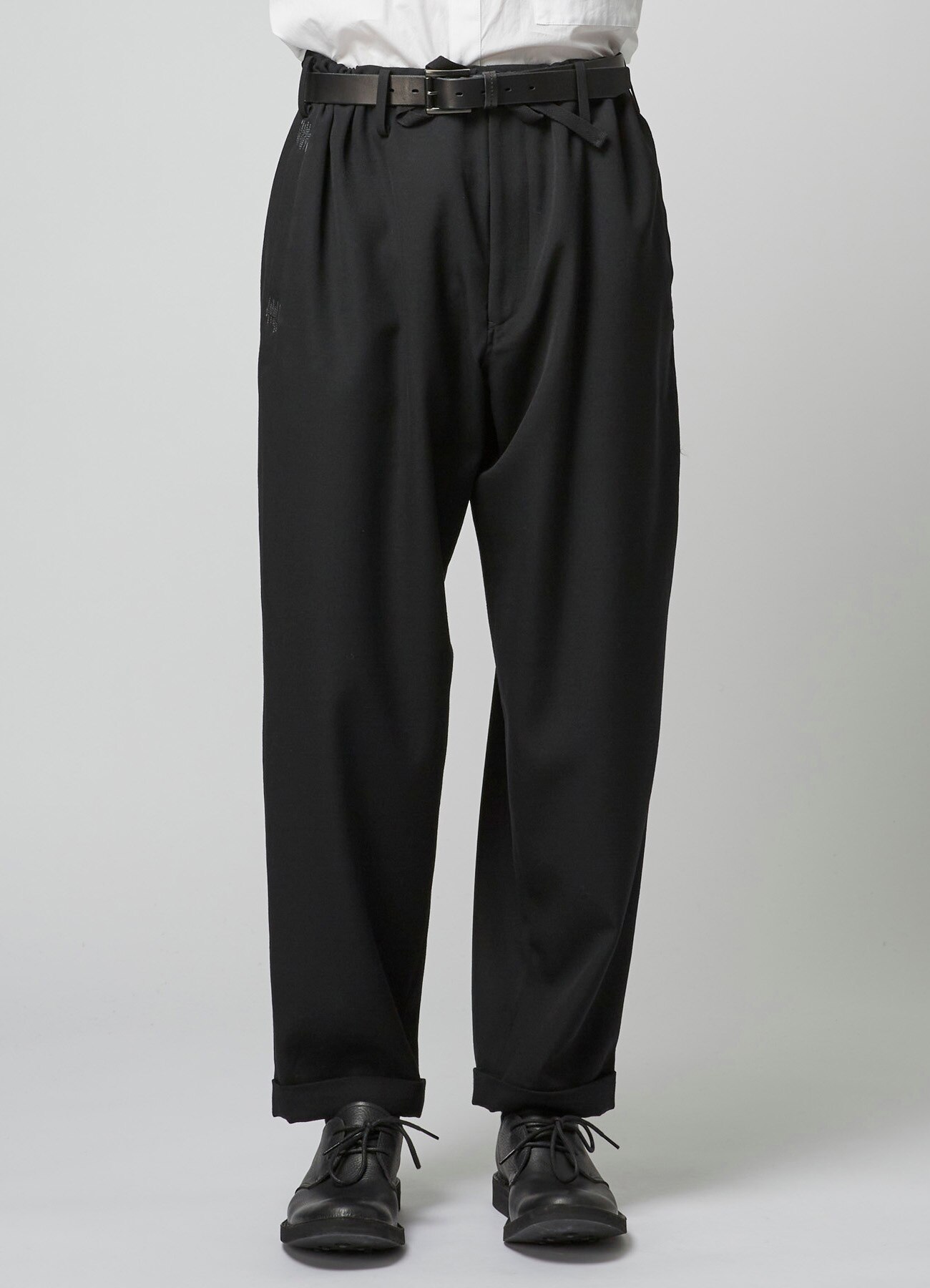 WOOL GABARDINE DRAWSTRING PANTS WITH BOX POCKET ZIG-ZAG STITCH(XS