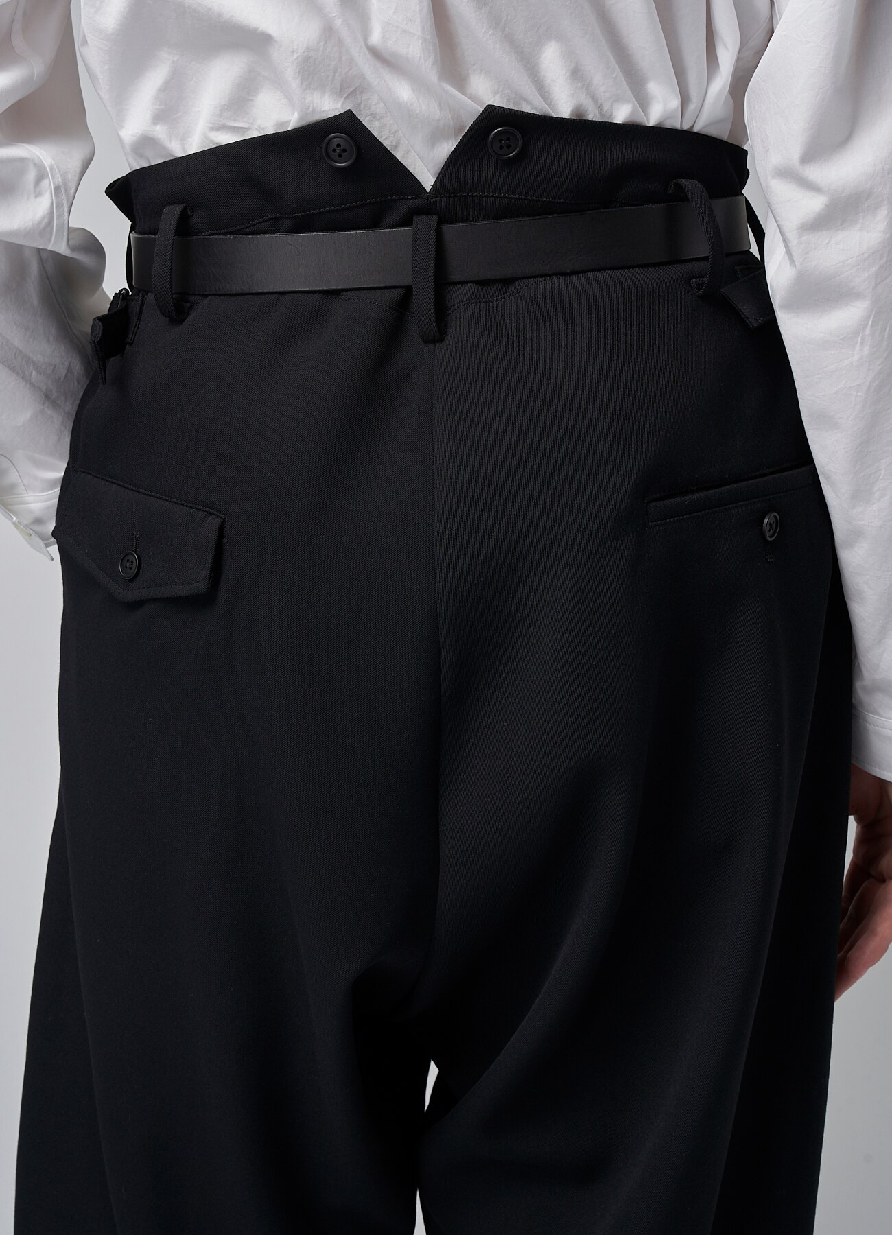 WOOL GABARDINE PANTS WITH SUSPENDER BUTTONS AND ADJUSTABLE SIDE