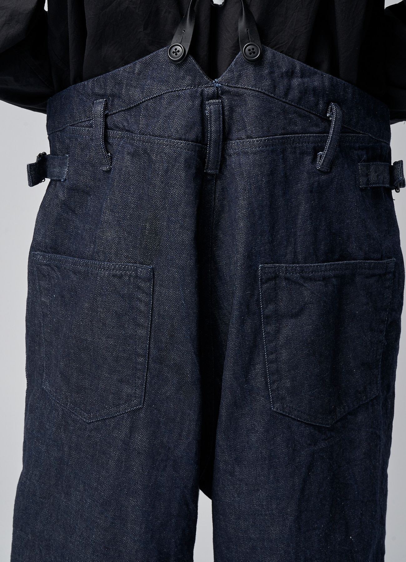 DENIM PANTS WITH SUSPENDER BUTTONS AND ADJUSTABLE SIDE TABS