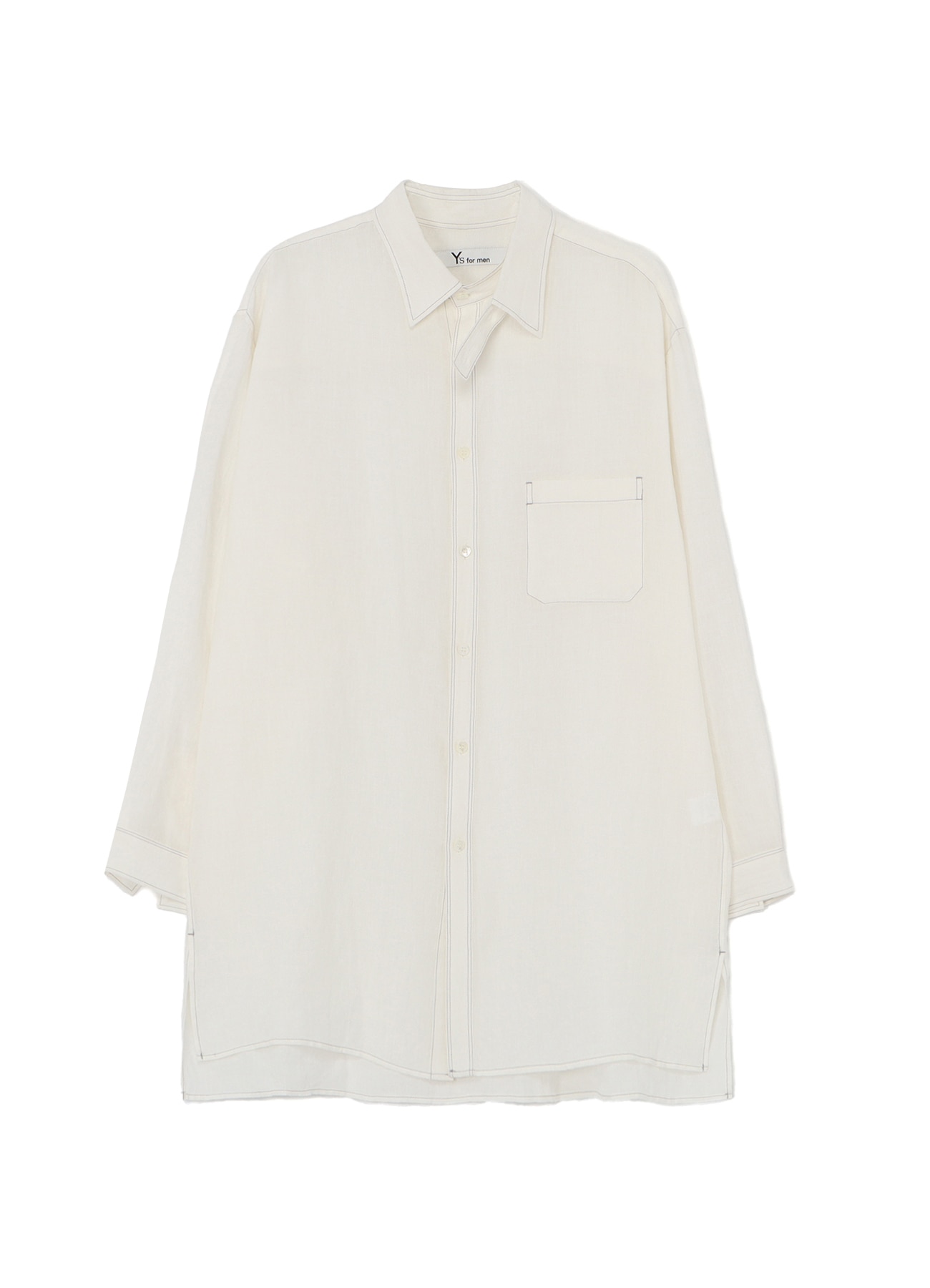 WHITE 60 LINEN LAWN SHIRT WITH ASYMMETRY COLLAR AND COLLOR COMBI DOUBLE STITCH