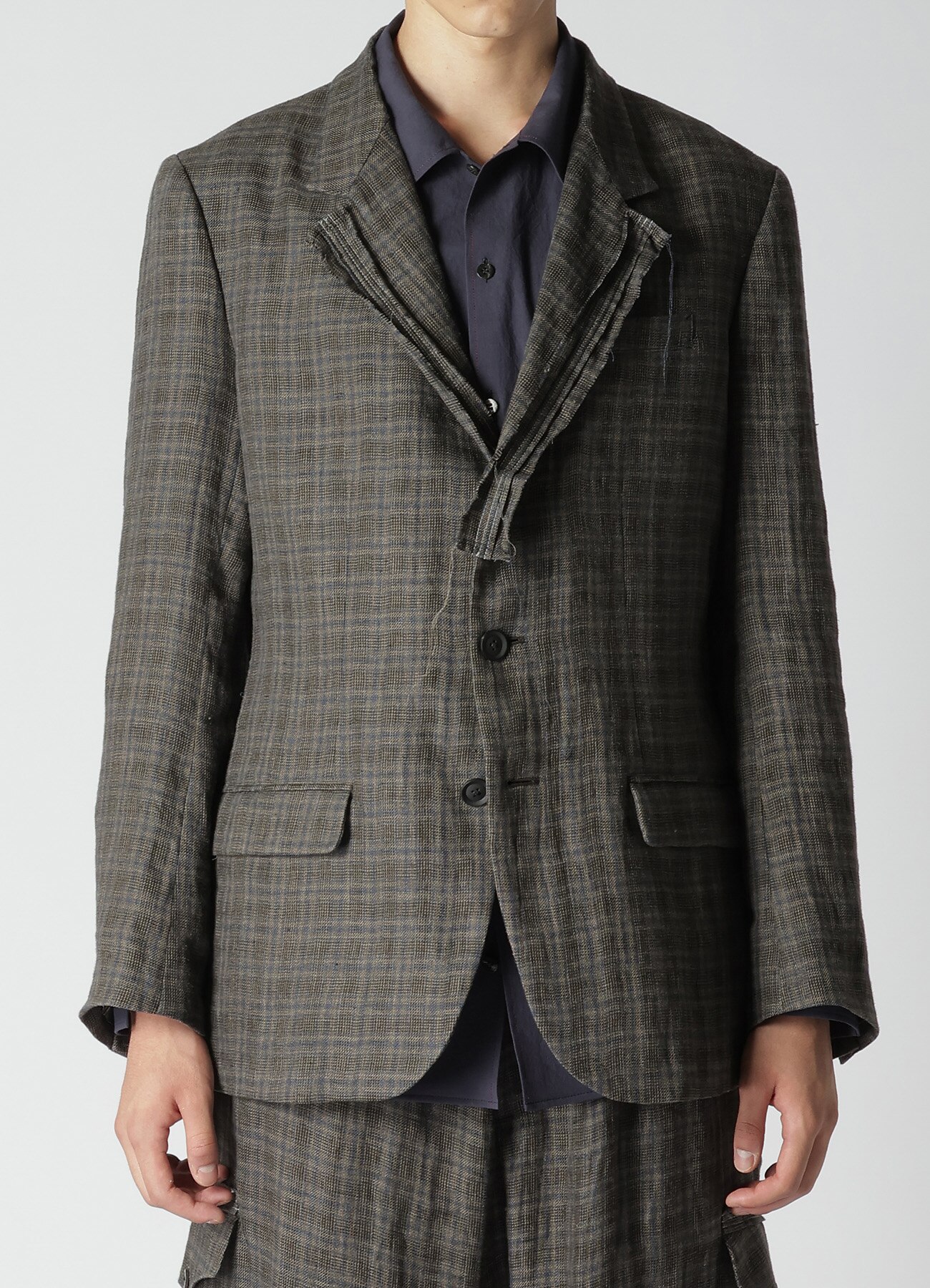 LINEN CROSS PLAID 3-BUTTONS JACKET WITH DECORATIVE CLOTH