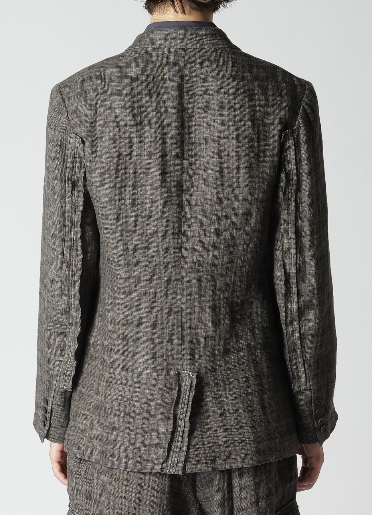 LINEN CROSS PLAID 3-BUTTONS JACKET WITH DECORATIVE CLOTH