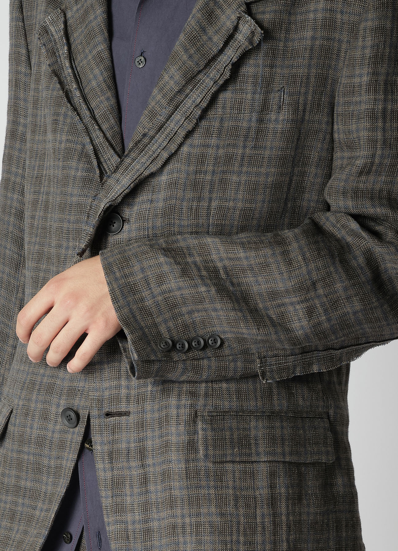 LINEN CROSS PLAID 3-BUTTONS JACKET WITH DECORATIVE CLOTH