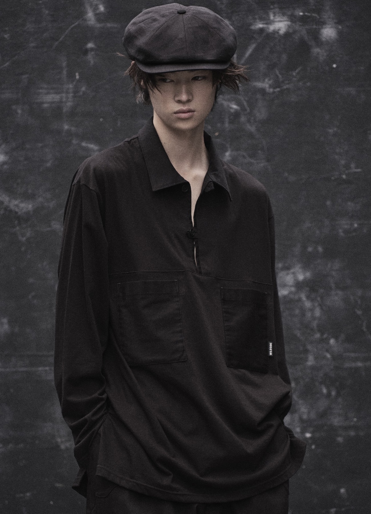 WILDSIDE【Yohji Yamamoto】Cotton Jersey Collared LS T-shirt Cotton Jersey Collared Pocket Long Sleeve T-shirt(XS BLACK