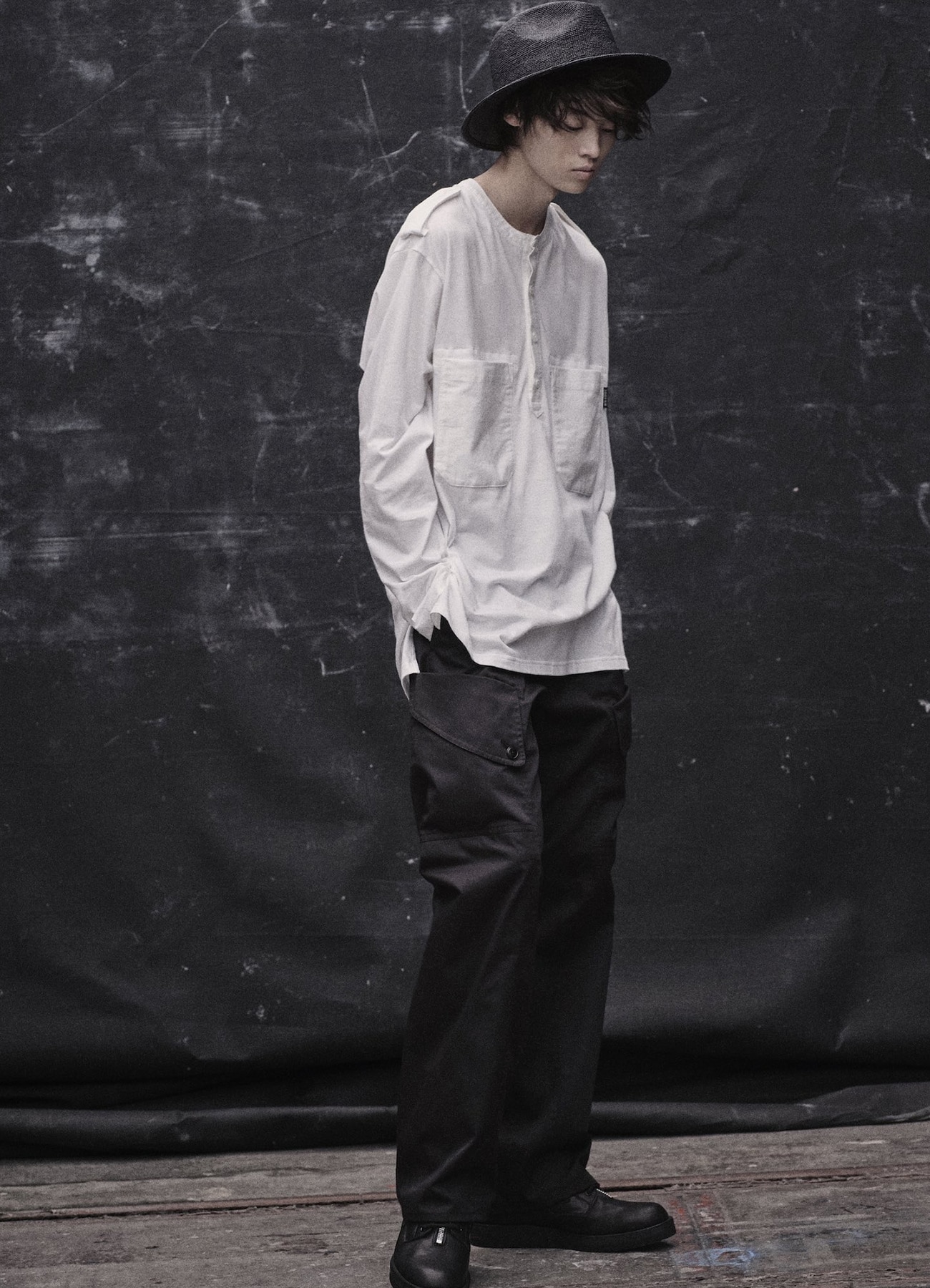 WILDSIDE【Yohji Yamamoto】Cotton Jersey Shoulder Strap LS T Cotton Jersey Shoulder Strap Henley Neck Long Sleeve T-shirt